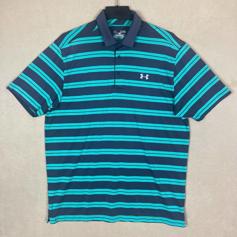 Under Armour HeatGear Performance Polo Shirt Mens XL Green Striped Relaxed Fit